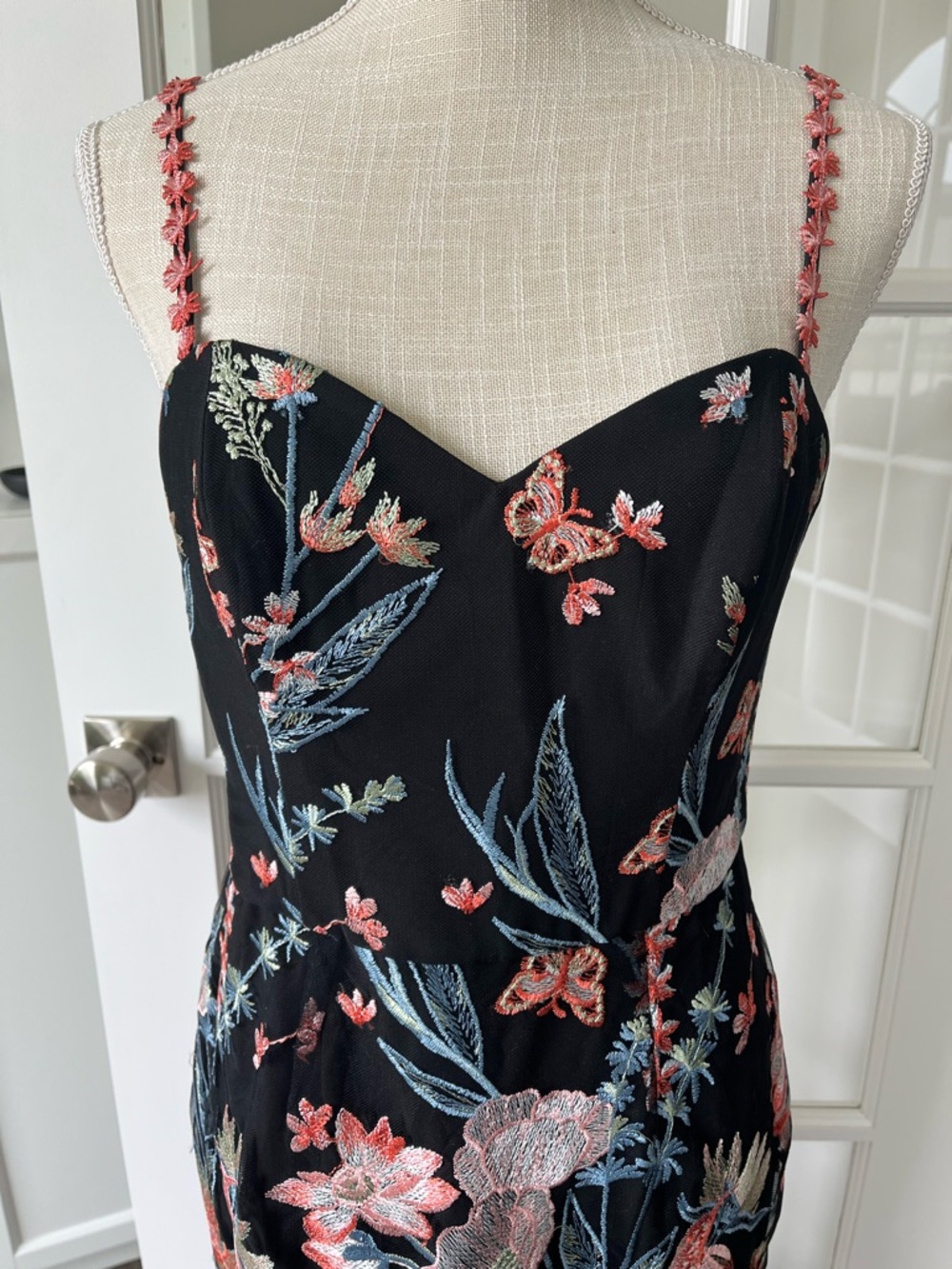 Marchesa Notte Black Floral Embroidered Midi Dress with Pink 3D Flowers - Picture 2 of 11